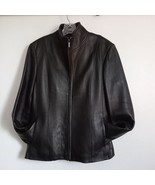 NINE WEST Black Leather Jacket Car Coat Zip Front Pockets Moto Collar Li... - $143.37 CAD