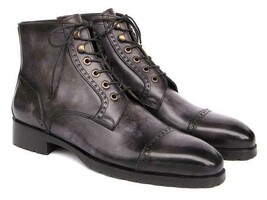 Paul Parkman Mens Shoes Boots Gray Black Leather Cap Toe Handmade BT9566... - $579.99