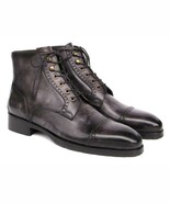 Paul Parkman Mens Shoes Boots Gray Black Leather Cap Toe Handmade BT9566... - $579.99