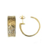 14K yellow gold hoop earrings for women grape leaf design carved - €303,95 EUR