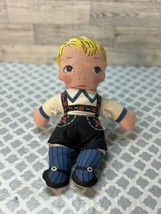 Vintage Cloth Doll Boy German Swiss 10” Blonde Blue Eyes Lederhosen 1940s - £11.66 GBP