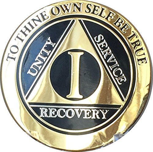 RecoveryChip 1 Year Elegant Black Gold Silver Bi-Plated AA Medallion Alcoholics