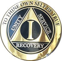 RecoveryChip 1 Year Elegant Black Gold Silver Bi-Plated AA Medallion Alcoholics  - £13.48 GBP