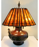 Meiji Period Bronze Dragon Relief Table Lamp and Restored Mica Pleated L... - $3,959.01