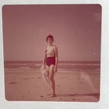 Medium Format Slide Woman On Beach In Bathing Suit 1960s 70mm - £3.72 GBP