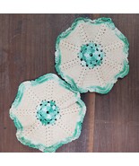 Vintage Crochet Hotpads 6 Inch Round SET OF 2 Beige Green - $262.08 MXN