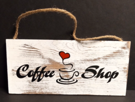 Coffee Shop White Wash Pine Distressed Wood Plank Plaque Sign w/ Rope Ha... - $19.99