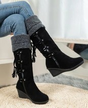 Women&#39;s Winter Black Plush Knee High Lace Up Wedge Slip On Boots US6-9.5 - £45.89 GBP