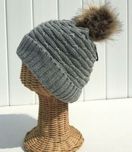 Winter Thick Warm Lined Knit With Faux Fur Pom Stretchy Beanie Ski Hat Gray #H F - £17.56 GBP