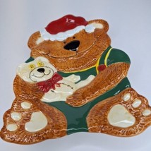 Christmas Teddy Bear Ceramic Serving Plate Dish Hand Painted Embossed - $19.79