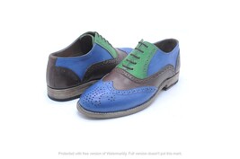 Men&#39;s Handmade Blue and Green Leather Brogue Wingtip Oxfords Dress Shoes  - $136.79