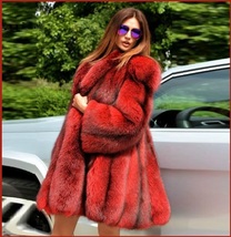  Red Hair Fox long Sleeve Dyed Faux Fur Full Knee Length Hip Coat Jacket image 2