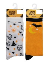 NEW Womens Halloween Crew Socks 2 pair ladies sz 9-11 bat, skull &amp; witch... - £3.86 GBP