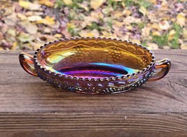 Imperial Amber Iridescent  Carnival Glass Relish Dish With Grapes And Le... - $15.00