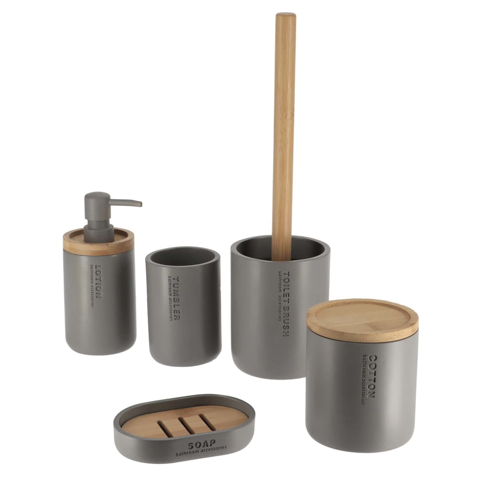 Contemporary Gray Bathroom Set with Bamboo Touch - 5 pieces - Hand Soap Pump, To