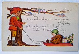 Christmas Postcard Whitney Children On Sled Row Of Bluebirds In Tree Branch 1920 - £10.46 GBP