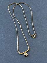 Dainty Silvertone Chain w Small Bar &amp; Flower w Clear Rhinestone in Center Pendan - £9.07 GBP