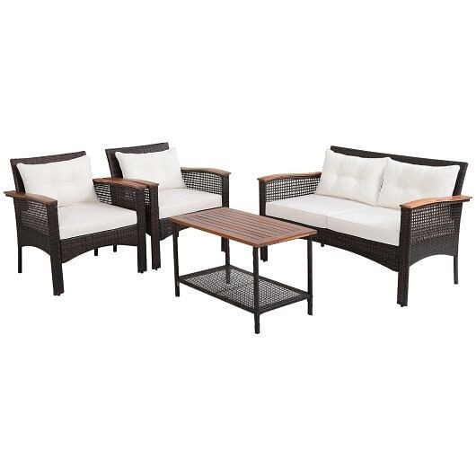 4 Pieces Patio Rattan Acacia Wood Furniture Set with Cushions and Armres... - £429.49 GBP
