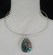 Hawaiian Choker Necklace Abalone Teardrop Shell Pendant Silver Color Cable Jwlry - £8.02 GBP