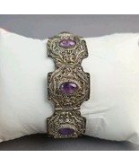 Antique Bracelet Chinese Export Silver Filigree Cabochon Amethyst Panel Bracelet - $297.00