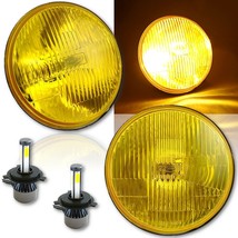 7&quot; H6024/6014 Yellow Stock Glass Headlamp w/ H4 6K 20/40w LED Fog Lamp Bulb Pair - £94.87 GBP