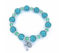 Aqua Glass Bead Stretch Bracelet With Crucifix And Miraculous Charm - $39.99