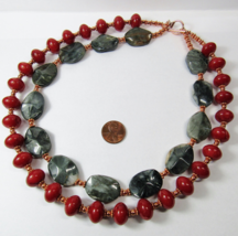 CHUNKY   SOLID Copper Toggle Clasp Necklace 2 Strand Beaded Red Gray Grey Stone - £36.93 GBP