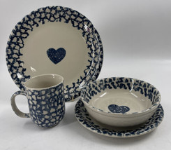 Folk Craft by Tienshan Hearts  Blue Sponge 4-Piece Setting Plates Cup Bowl EUC - £29.37 GBP