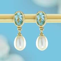 Natural Blue Topaz and Pearl Drop Earrings in 9K Yellow Gold - £512.43 GBP