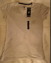 Beverly Hills Polo Club Women White &amp; Blue Stripe Size M 95% Rayon &amp; 5% ... - $9.99