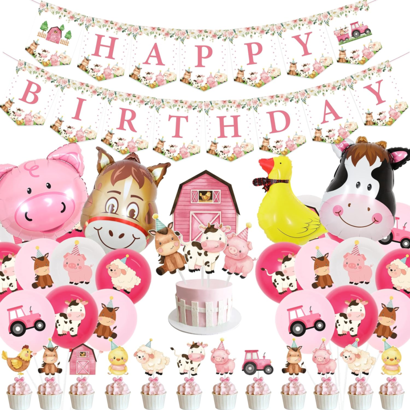 Primary image for Pink Farm Animals Birthday Decorations Girl Farmhouse Barnyard Themed Cow Pig Do