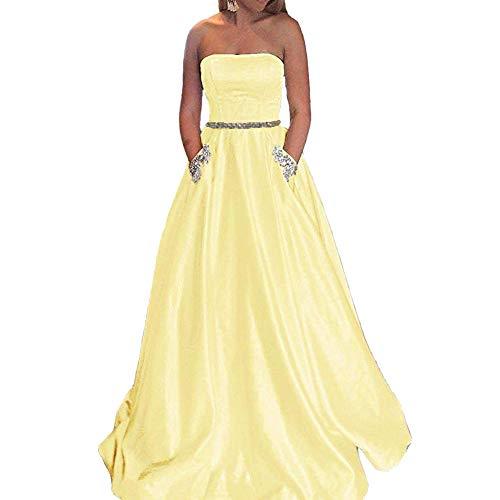Kivary Plus Size Beaded Belt Long Satin Prom Evening Dresses with Pockets Yellow