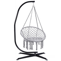 C Hanging Hammock Stand W/Cotton Macrame Swing Chair Backrest Garden Grey - $296.05