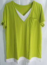 Women&#39;s Plus Size Short Sleeve Layered Look Knit Tunic in Lime Green &amp; W... - £12.22 GBP