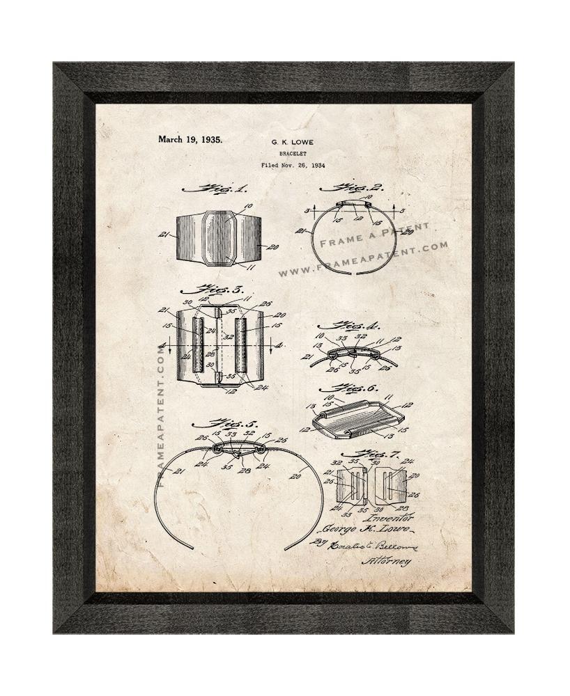 Bracelet Patent Print Old Look with Beveled Wood Frame