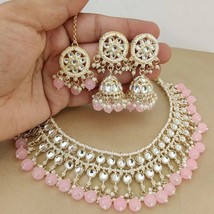 Gold Plated Indian Bollywood Style Kundan Choker Necklace Pink Jewelry Set - £37.35 GBP