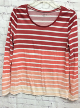 Loft Womens T-Shirt Red Coral Stripe Long Sleeve Scoop Neck Pullover Cotton M - £12.07 GBP