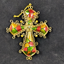 Christmas Wall Ornament Embellished Metal Cross Stained Glass Look Puffy 7 inch - £9.58 GBP