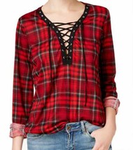 Polly &amp; Esther Juniors Lace Up Plaid Top Size X-Large Color Black/White - $51.48