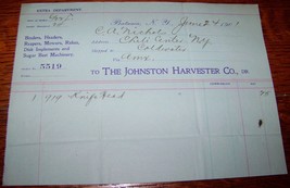 1901 Johnston Harvester Billhead Batavia Ny Ephemera Tractor Farm Implements - £7.82 GBP