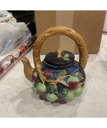 Ceramic Pottery Tea Pot with Lid Blue Green Red Brown Berries Leaves Han... - $15.00