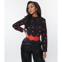 Timeless London Unique Vintage Black Red Polka Dot Ruffle Collared Blouse US 8 - £19.02 GBP
