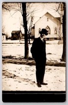 RPPC Gentleman In Snow Across From Church Real Photo c1915 Postcard G31 - £7.05 GBP