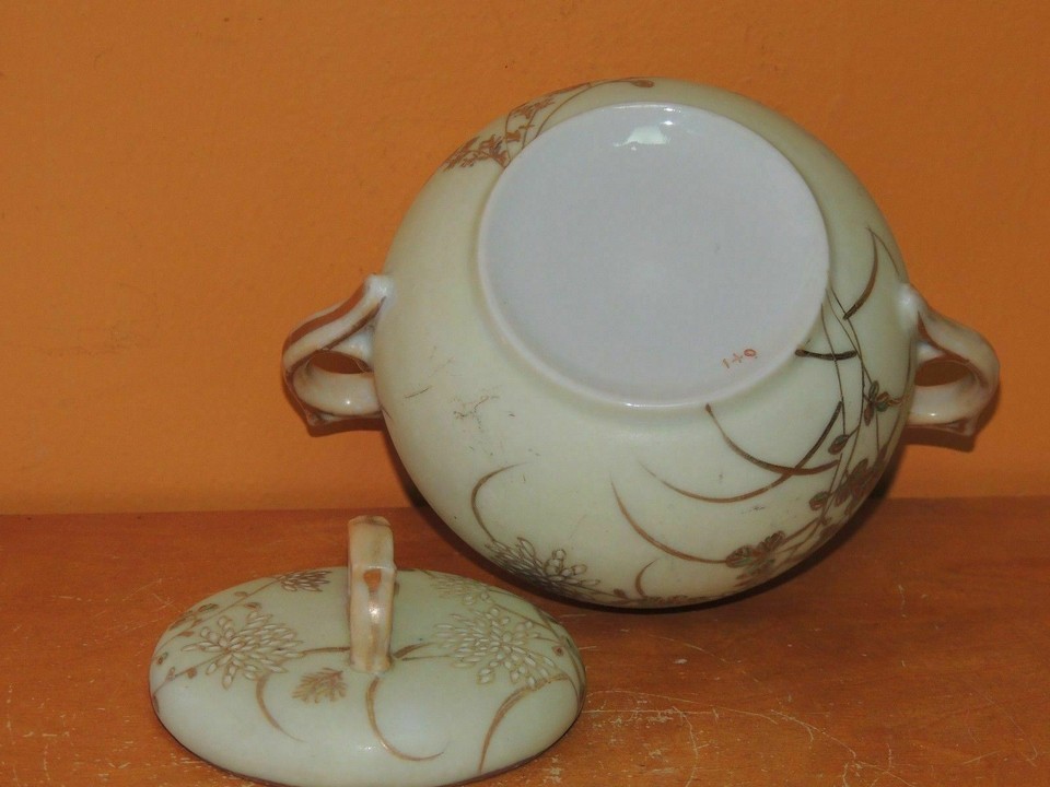 Hand Painted 3" Sugar Bowl marked 1+0 Yellow White flower & Gold Accents Antique Item image 5