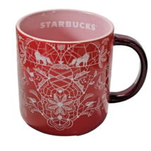 Starbucks 2022 Holiday Woodland Lace 14oz Red Pink Ceramic Coffee Mug - £11.78 GBP