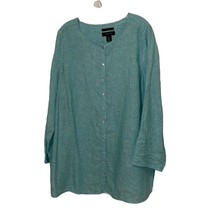 Tahari Green Linen Button Up Blouse Womens Size 1X  Roll Tab Sleeves Rou... - £17.98 GBP