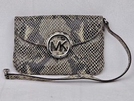Michael Kors Snakeskin Leather Clutch Wristlet Taupe and Black Silver Ha... - $34.29