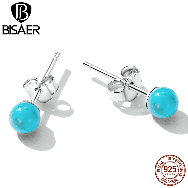 925 Sterling Silver Stud Earring Simple Turquoise Round Plated Platinum Ear For  - £17.33 GBP