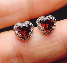 3Ct Round Cut Red Garnet Heart Design Women&#39;s Stud Earring 14K White Gold Finish - £78.63 GBP