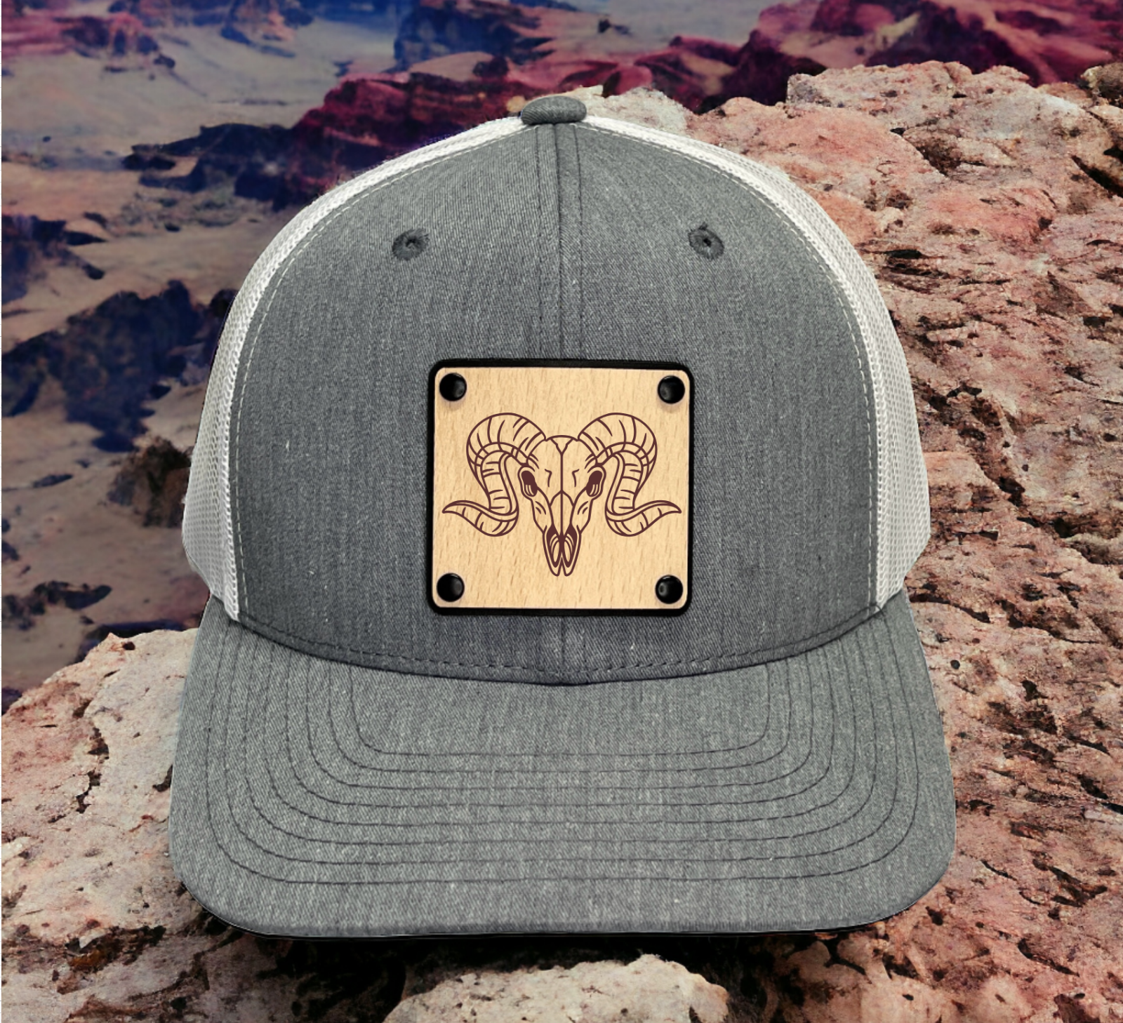 Bighorn Skull Huntr Collection Wood Leather Patch Trucker Hat Patriotic ... - $27.99